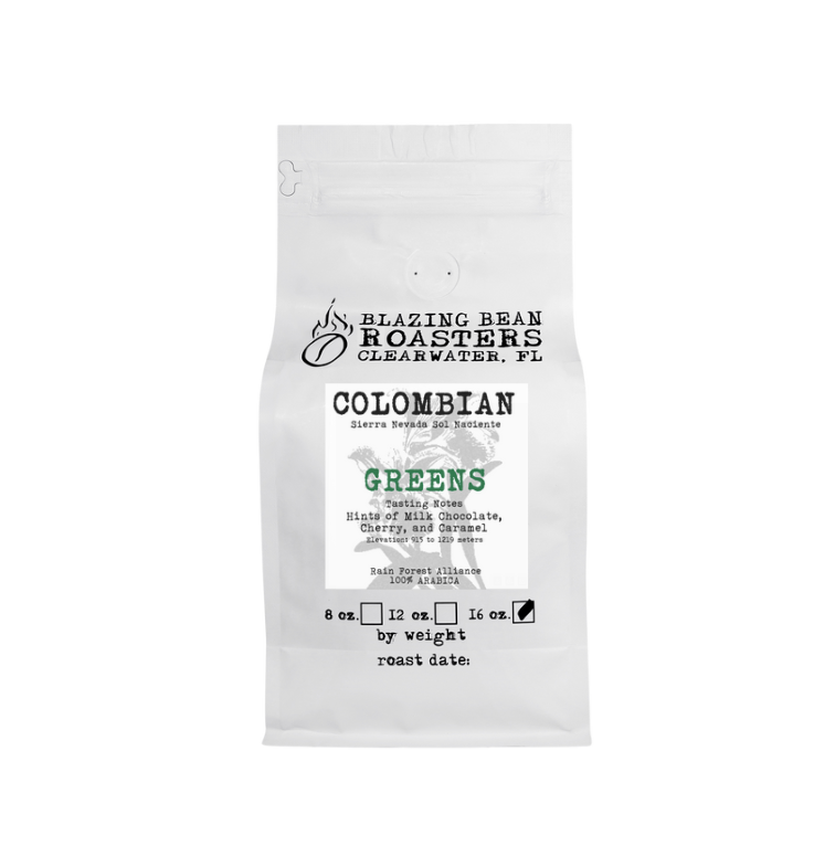 Organic Colombian Sierra Nevada Sol Naciente RFA (Rain Forest Alliance)- green stock (local pickup only)